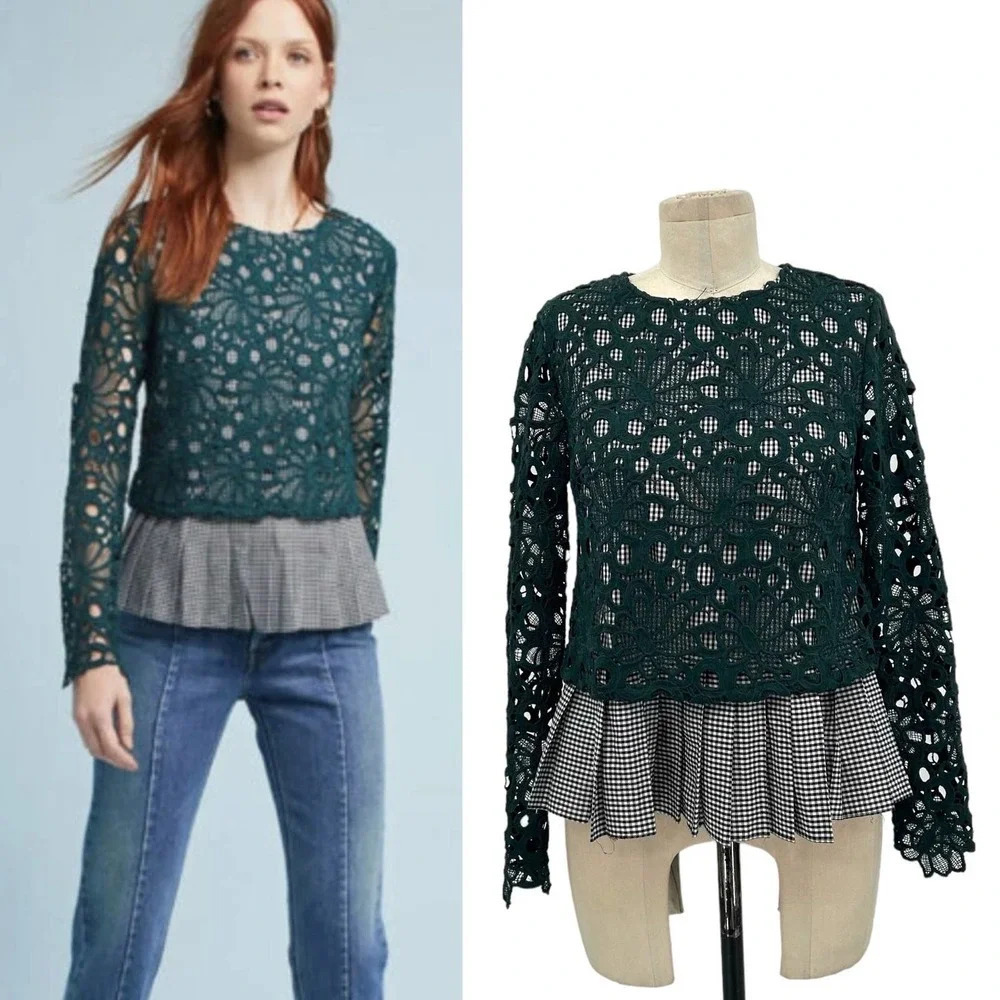 Anthropologie Maeve Gabriella Top Blouse‎ Peplum Gingham Lace Green Size XS